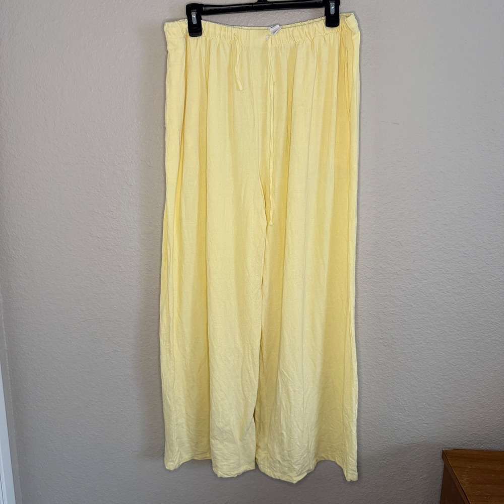 Butter Yellow Linen Blend Wide Leg Drawstring Pants XL Boho Coastal Nautical